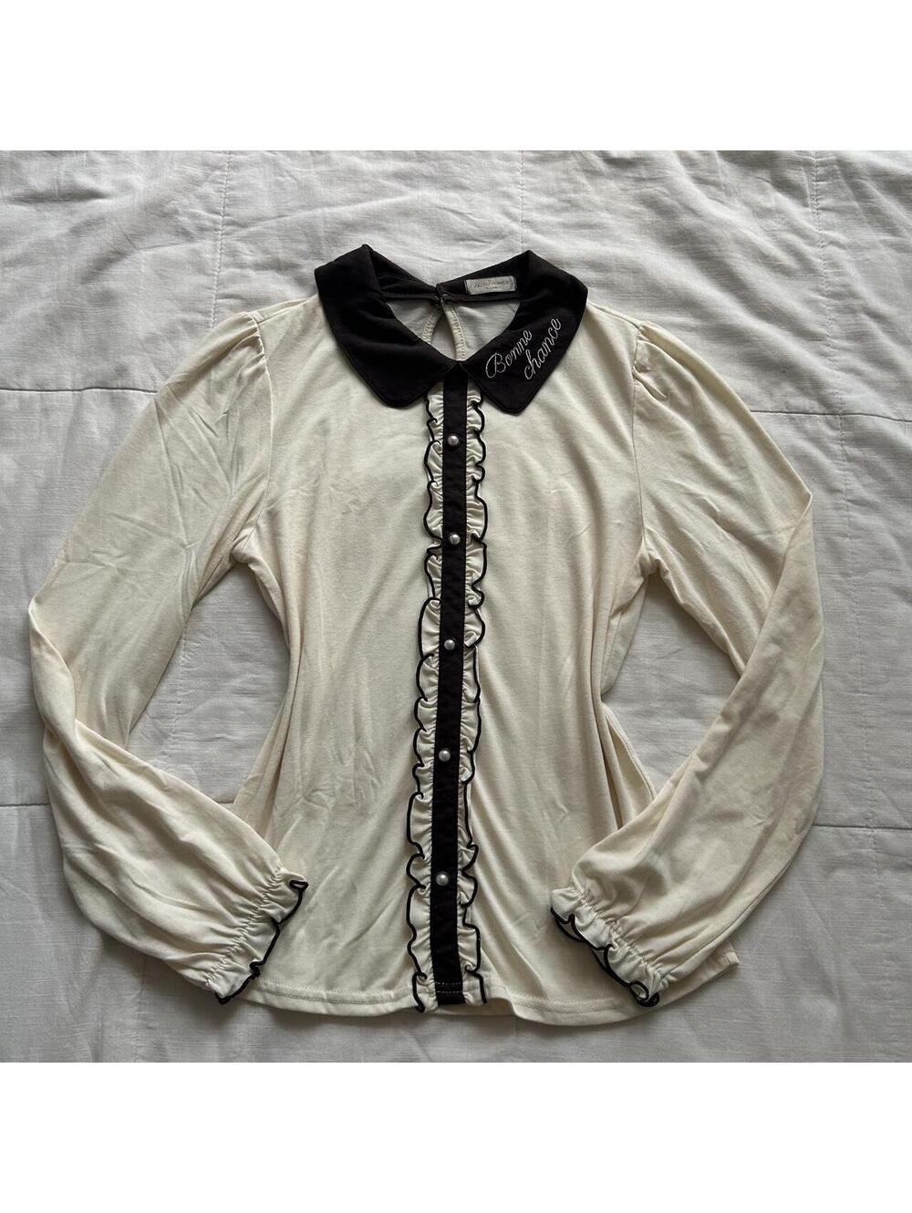 Axes Femme Ivory Brown Peter Pan Collar Ruffle Blouse Medium Japan